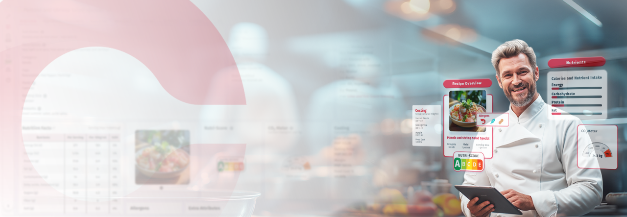 Uno chef con pannelli digitali interattivi che mostrano il costo delle ricette, la composizione nutrizionale, gli allergeni e l’indicatore di CO₂, a dimostrazione delle funzionalità intelligenti di gestione della cucina offerte da CalcMenu.