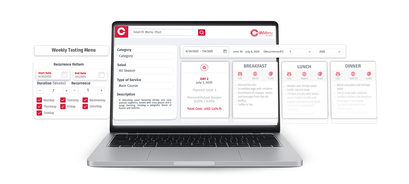 CalcMenu interface on laptop displaying recipe costing, ingredients, and menu planning features.